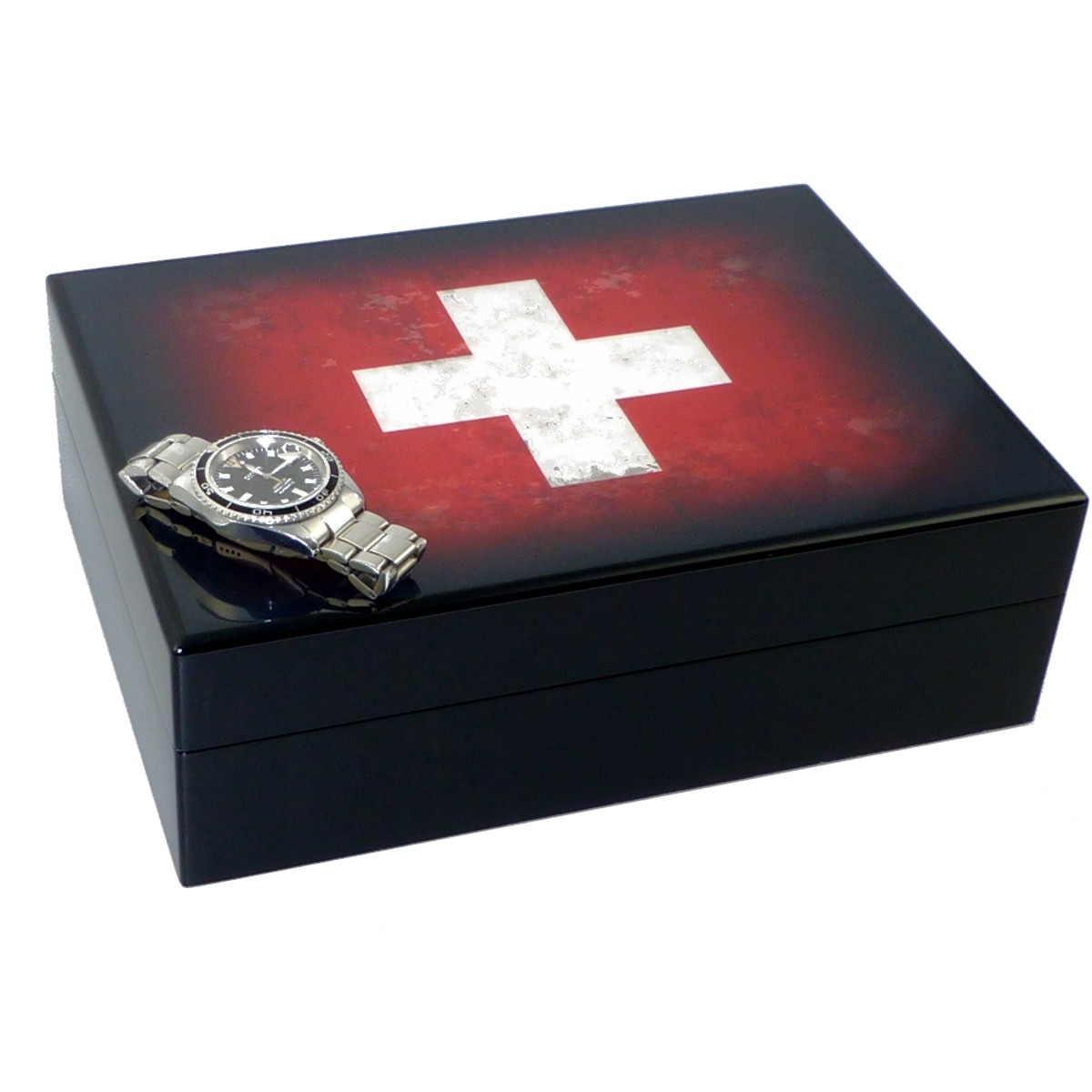 Luxus Uhrenbox SWISS VINTAGE fur 6 Armbanduhren Uhrenschatulle mit schweizer Flagge fur luyuriose Armbanduhren