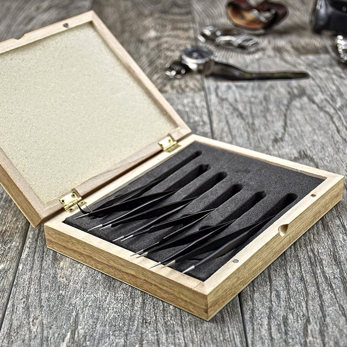 7 SA Uhrmacherpinzetten Set In Holzbox - Edelstahl, Antimagnetisch