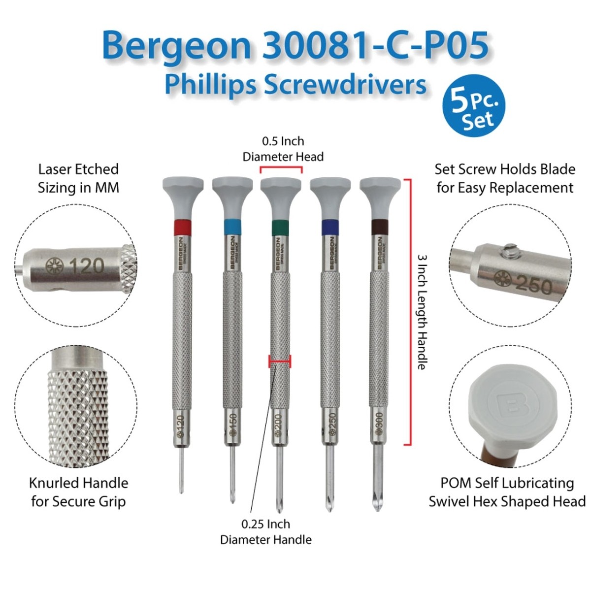 Schroevendraaier set Bergeon 5 stuks in kunststof etui Online bij Hobby Klok / Selva Online