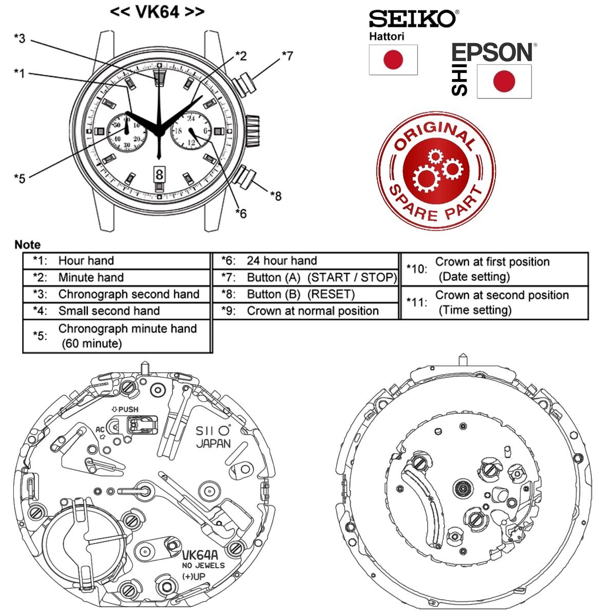 Chronograph Uhrwerk Japan VK64 Quarz 24h SEIKO Uhrwerke gunstige vom Fachhandel